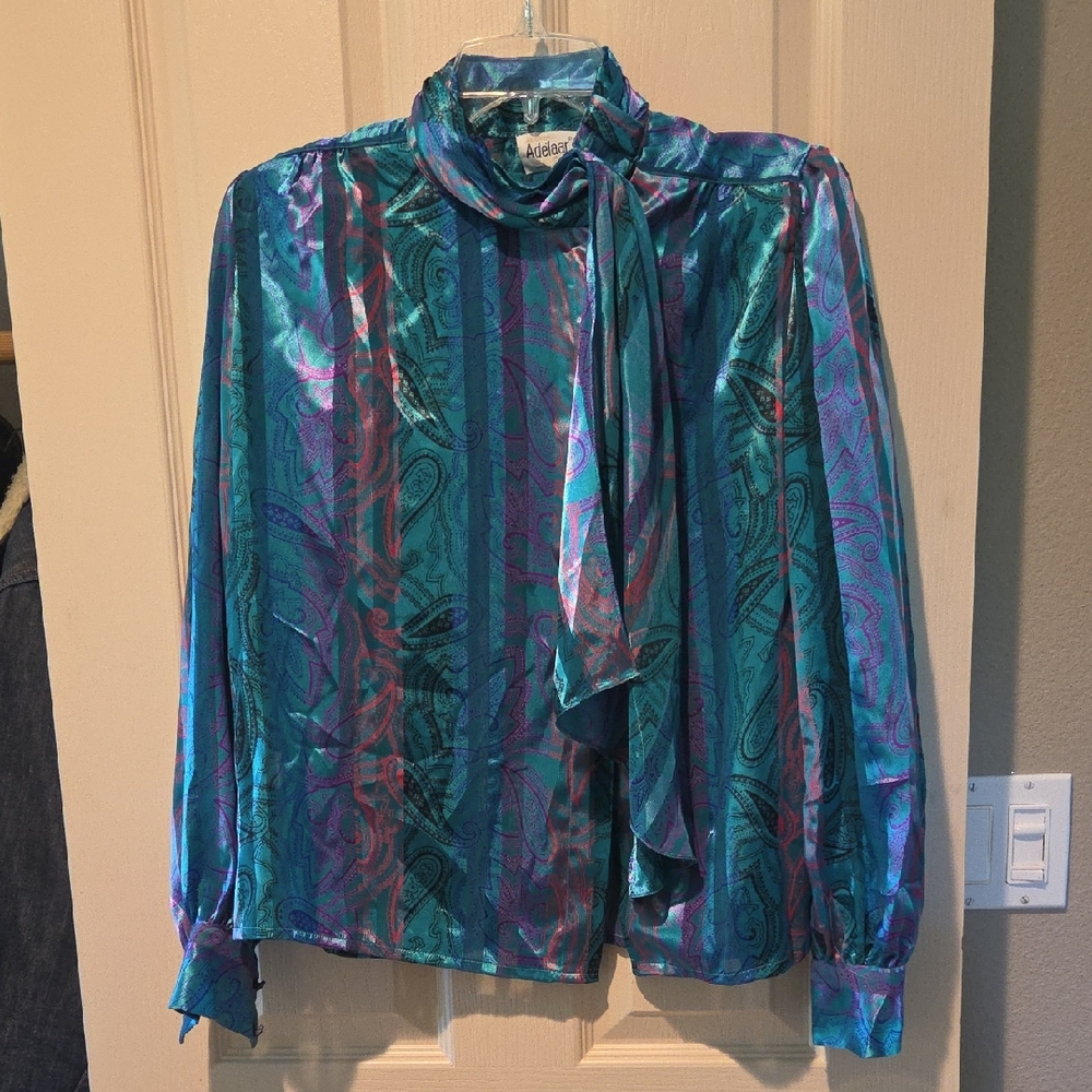 Vintage Teal and Purple Blouse with Scarf Tie